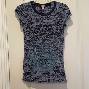 Mossimo Supply Co. Navy and Teal Stretchy Sheer Patterned Tee